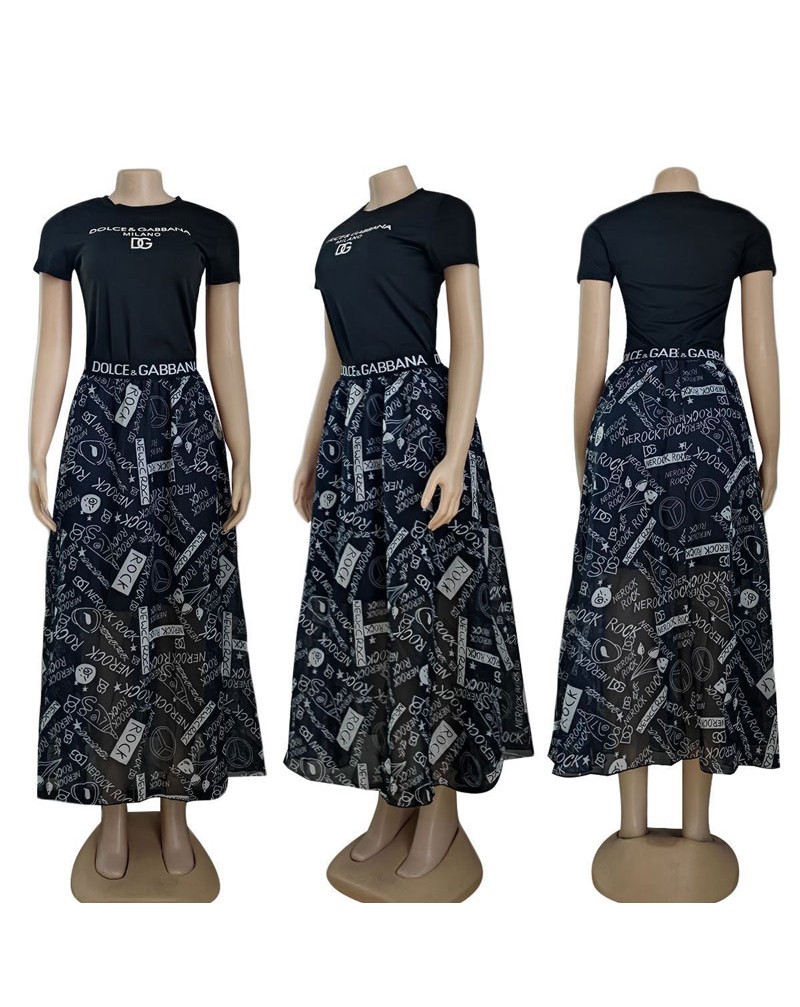 D&G tシャツロングスカートセット女性人気シフォンのロングスカート
