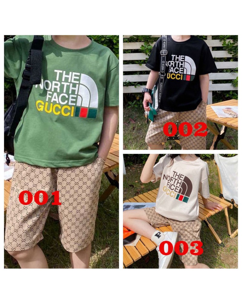 ザノースフェイスグッチ ｔシャツハーフパンツ二点セット子供用人気お洒落ティシャツ半ズボン上下セット男の子女の子キッズ向けコットン製弾力性ウエスト